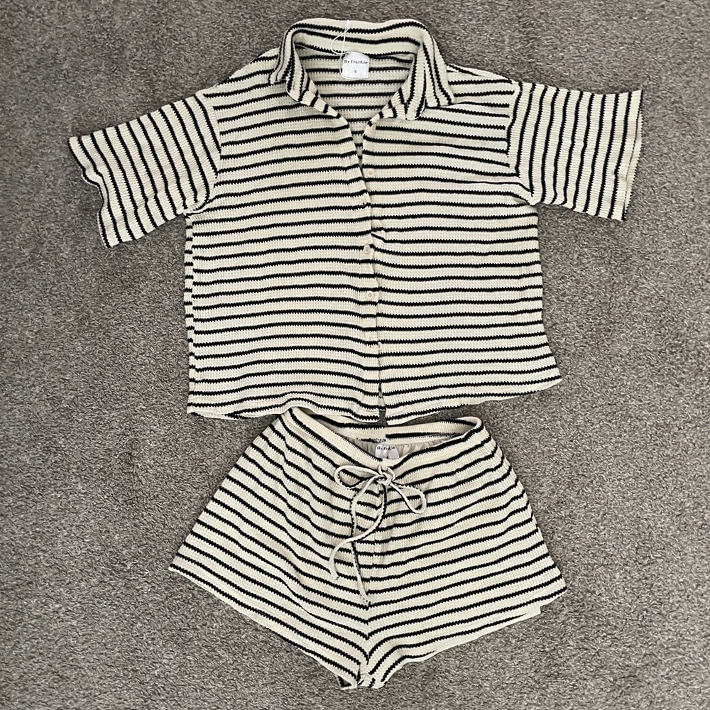 By Frankie - Cream & Black Striped button top and short set - Small